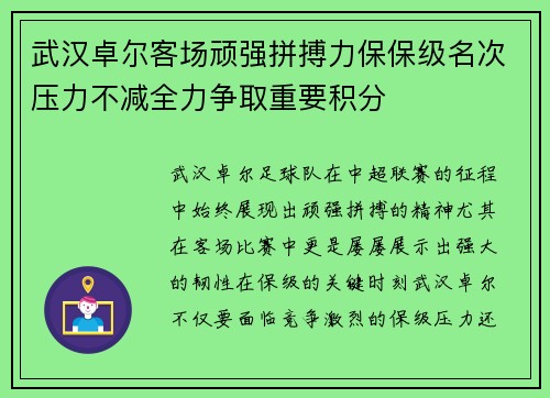 武汉卓尔客场顽强拼搏力保保级名次压力不减全力争取重要积分