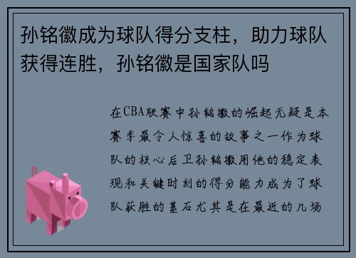 孙铭徽成为球队得分支柱，助力球队获得连胜，孙铭徽是国家队吗