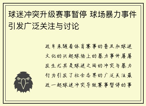 球迷冲突升级赛事暂停 球场暴力事件引发广泛关注与讨论 球迷冲突升级赛事暂停 球场暴力事件引发广泛关注与讨论
