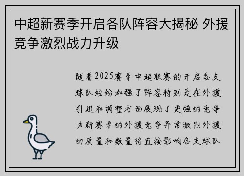 中超新赛季开启各队阵容大揭秘 外援竞争激烈战力升级