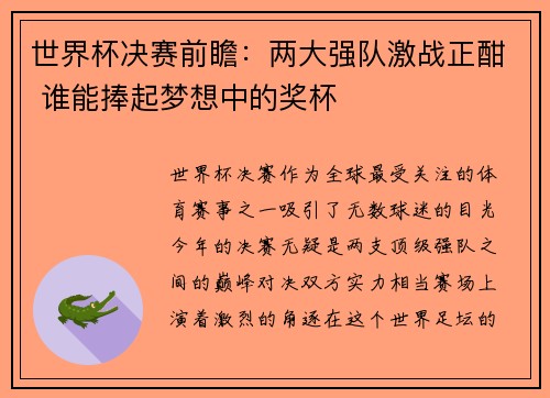 世界杯决赛前瞻：两大强队激战正酣 谁能捧起梦想中的奖杯
