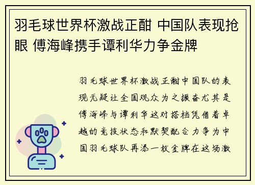 羽毛球世界杯激战正酣 中国队表现抢眼 傅海峰携手谭利华力争金牌